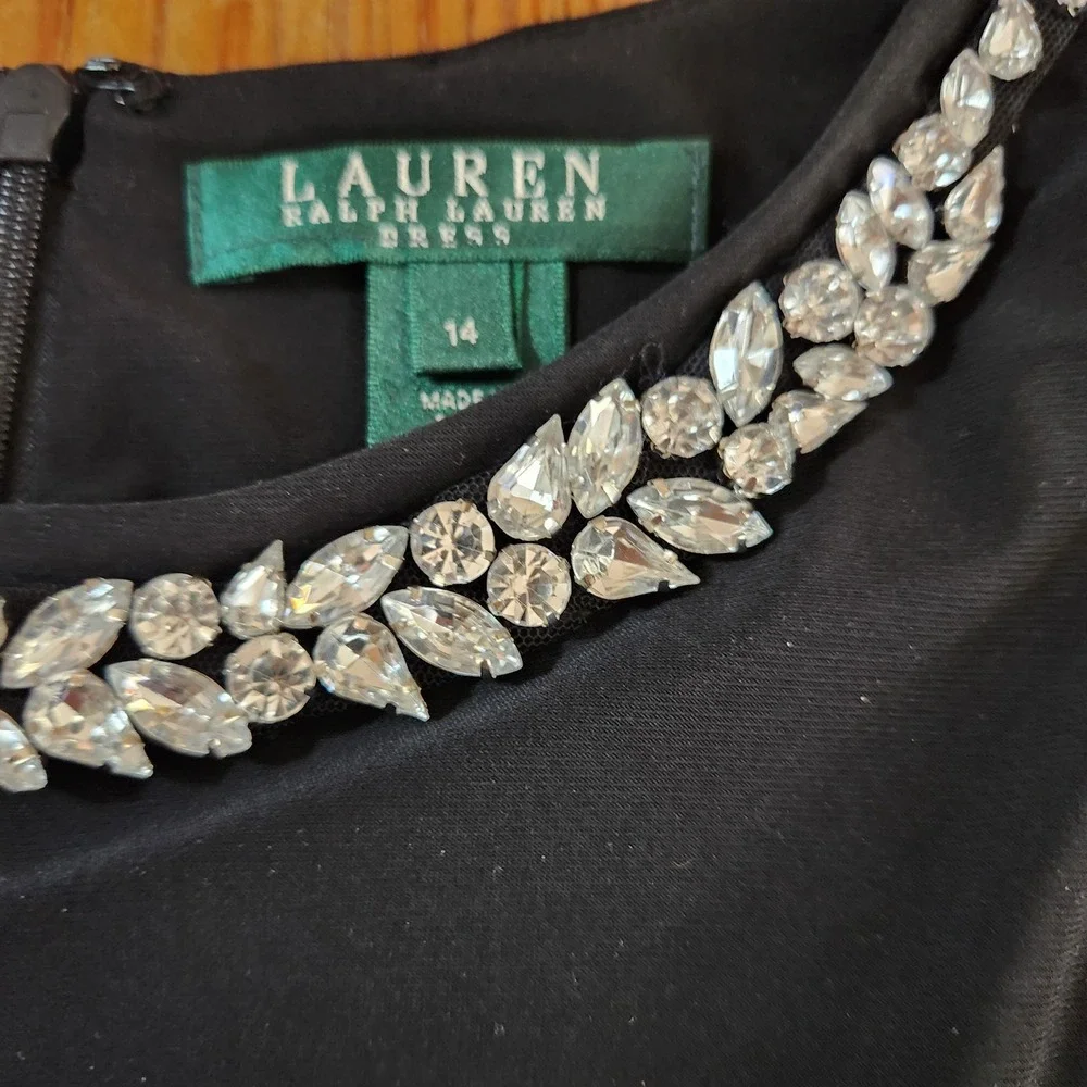 Lauren Ralph Lauren Black Embellished Rhinestone Neck Black Midi Dress LBD Sz 14